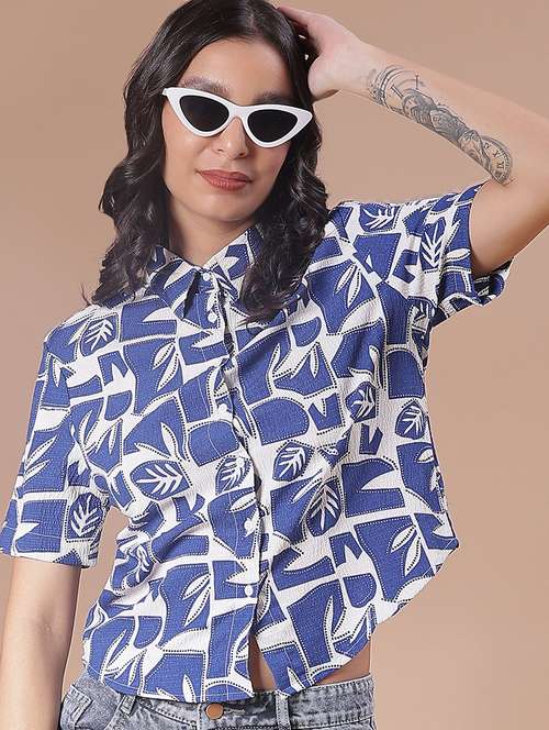 women printed collared short sleeve boxy shirt - 21986494 -  Standard Image - 0