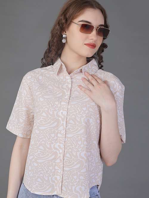 women printed short sleeve collared boxy shirt - 21986495 -  Standard Image - 0
