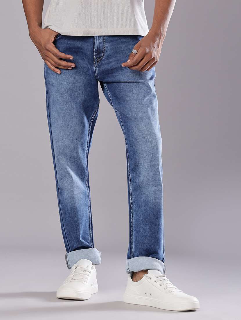 men solid mid rise straight fit jean