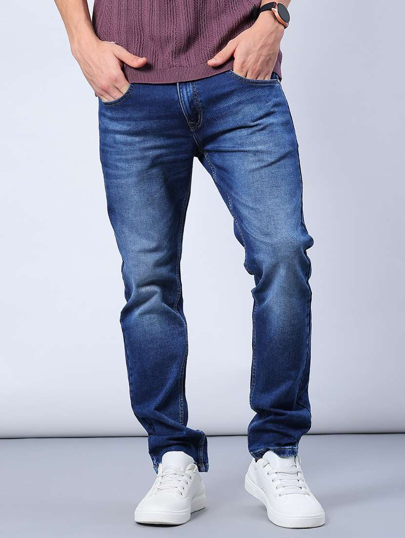 men washed mid rise full length jeans