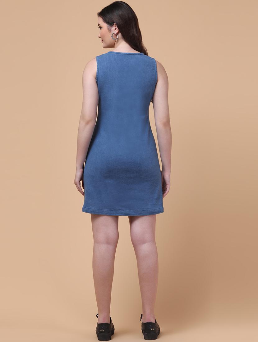 women solid sleeveless a-line denim dress - 21986574 - Standard Image - 3