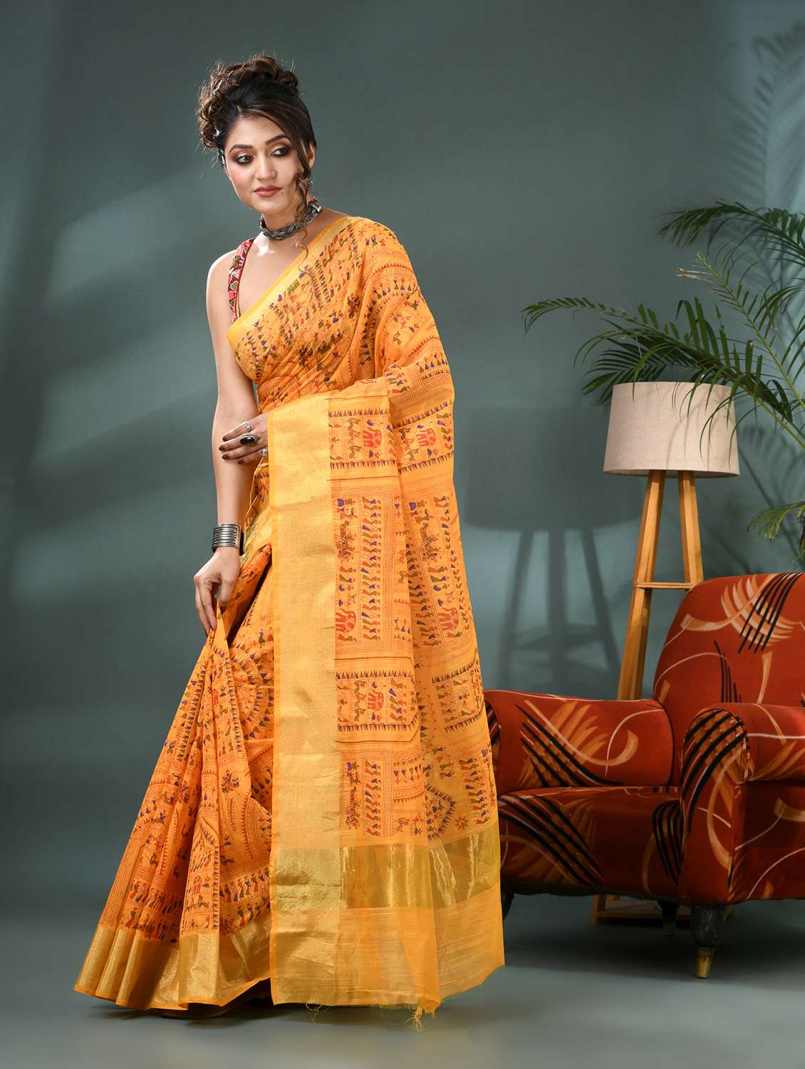 women warli printed bordered saree with blouse