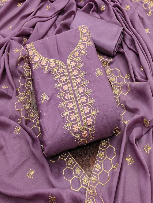 women solid with work embroidered unstitched suit set - 21986672 - Standard Image - 0