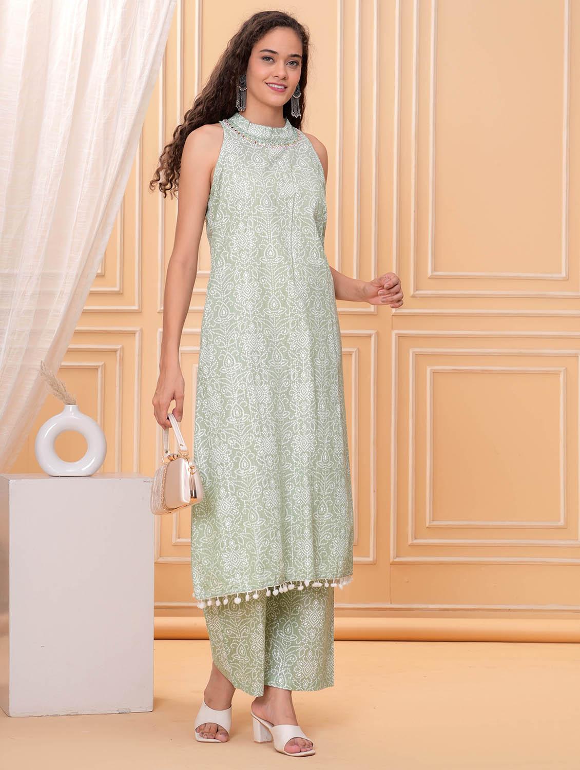 women printed halter neck kurta and pant set