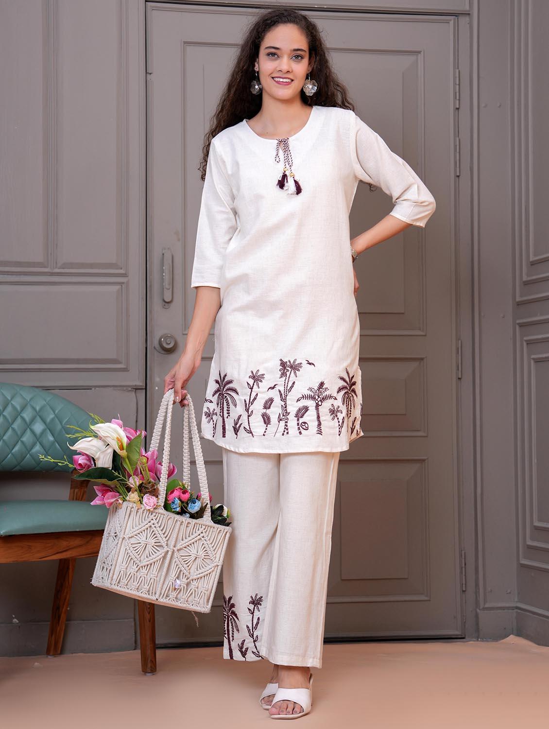 women white embroidered tie-up neck co-ord set - 21986707 - Zoom Image - 0