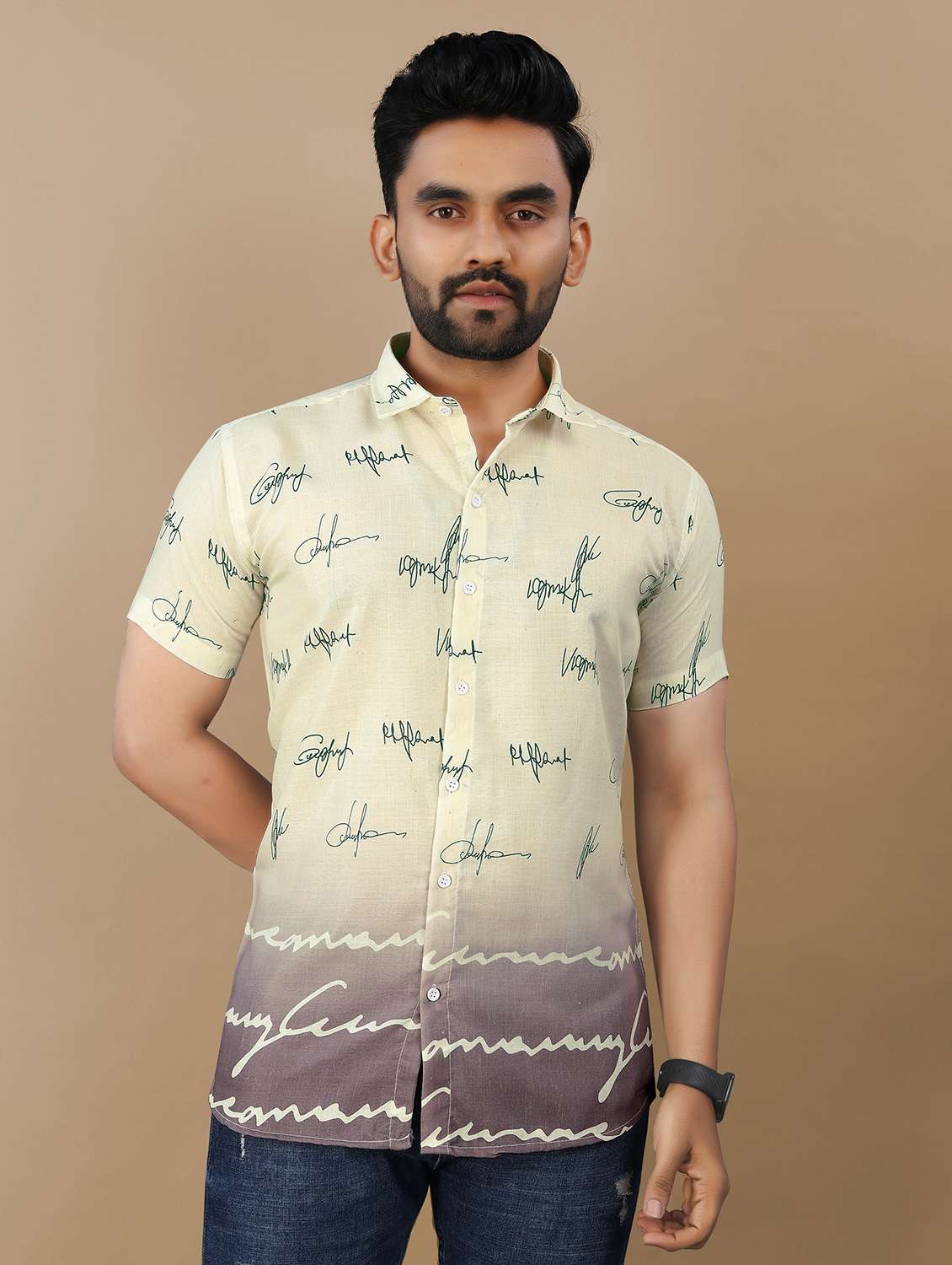 men printed short sleeve collared regular fit shirt