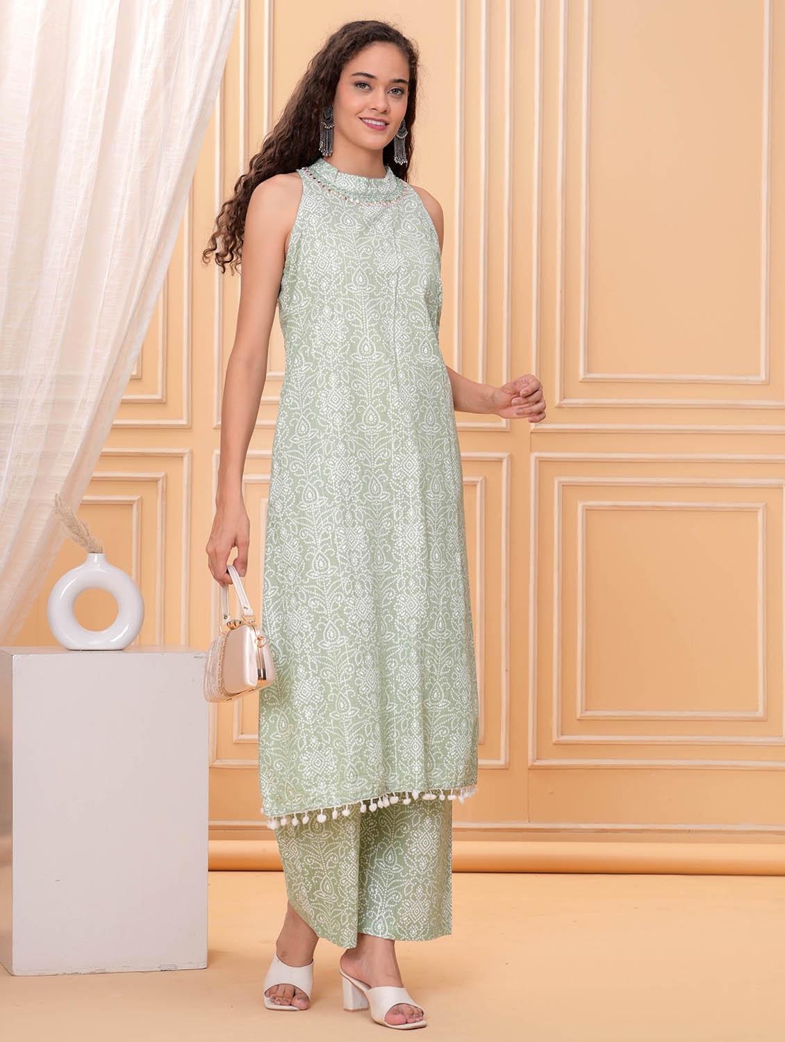 women bandhani print halter neck kurta and pant set