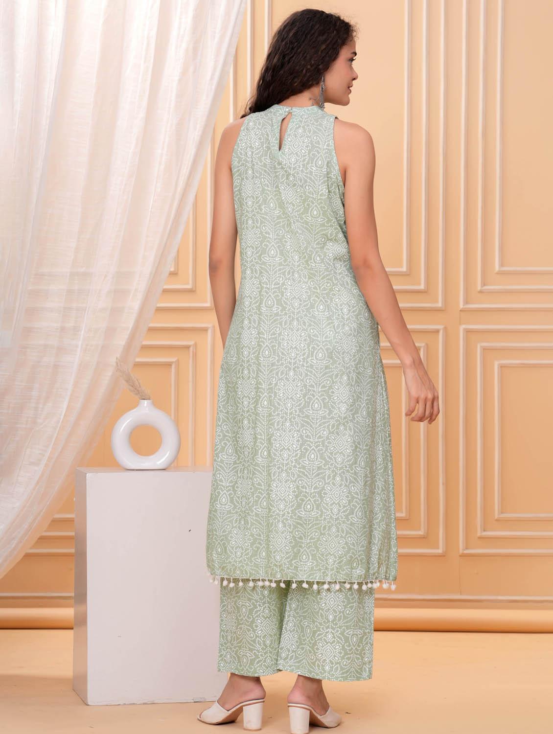women bandhani print halter neck kurta and pant set - 21986786 - Standard Image - 3