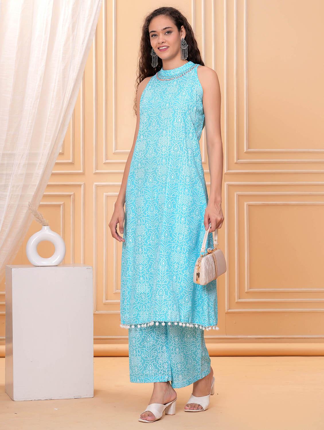 women bandhani print halter neck kurta and pant set - 21986787 - Zoom Image - 0