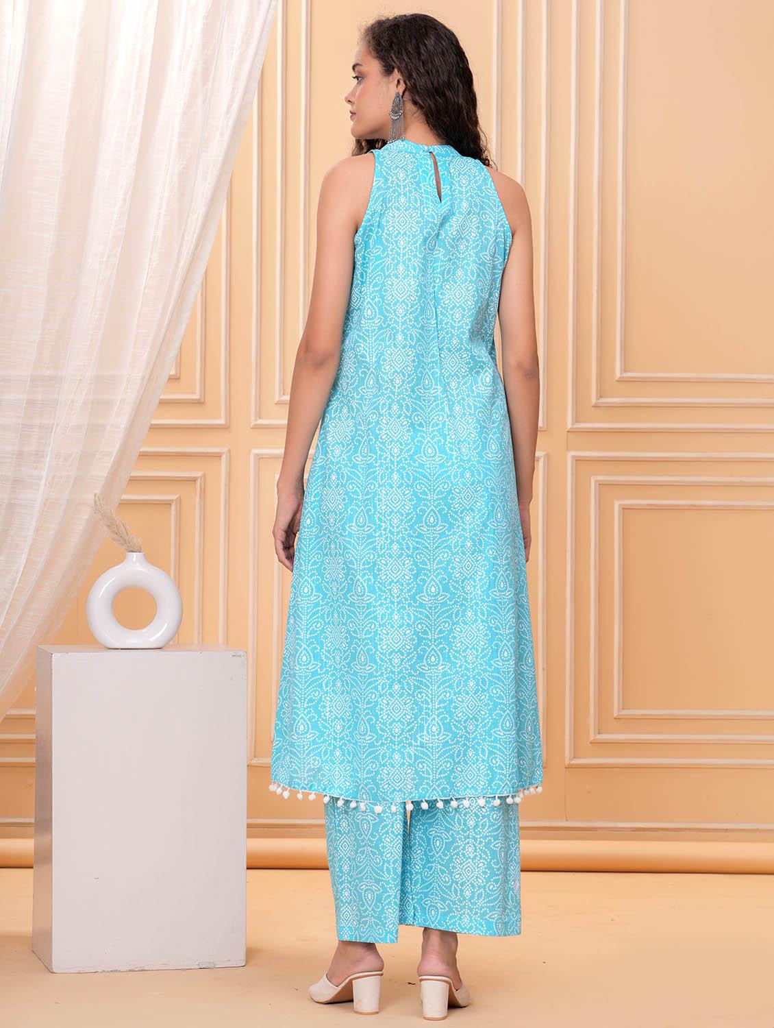 women bandhani print halter neck kurta and pant set - 21986787 - Standard Image - 3