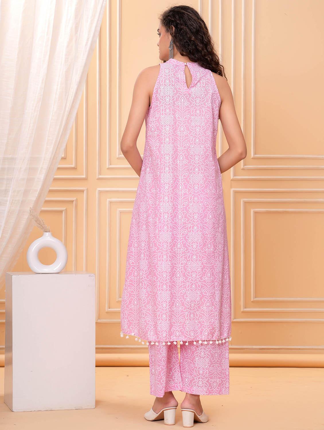 women bandhani print halter neck kurta and pant set - 21986788 - Standard Image - 3