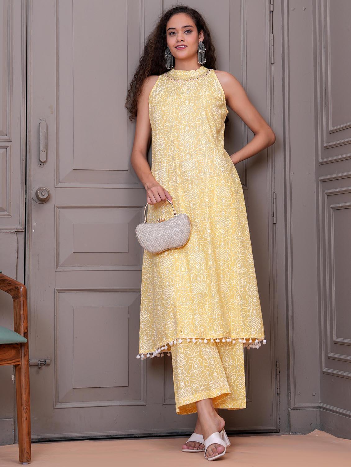 women bandhani print halter neck kurta and pant set