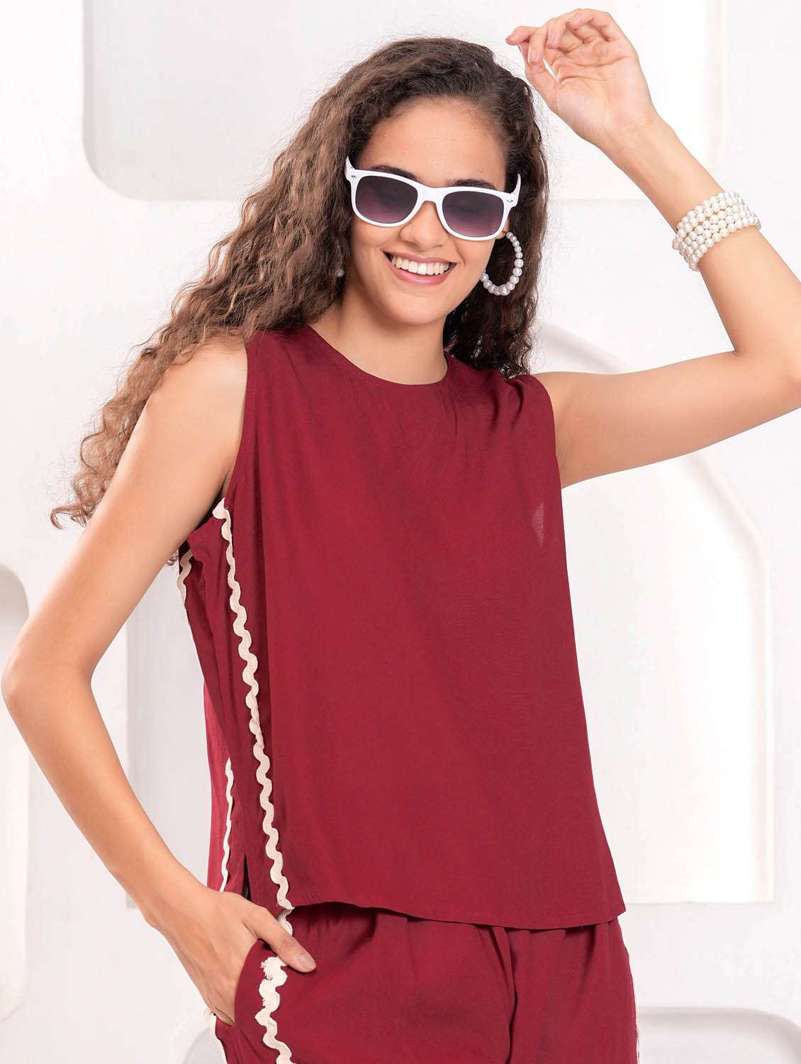 women solid sleeveless top and trouser co-ord set - 21986798 - Standard Image - 5