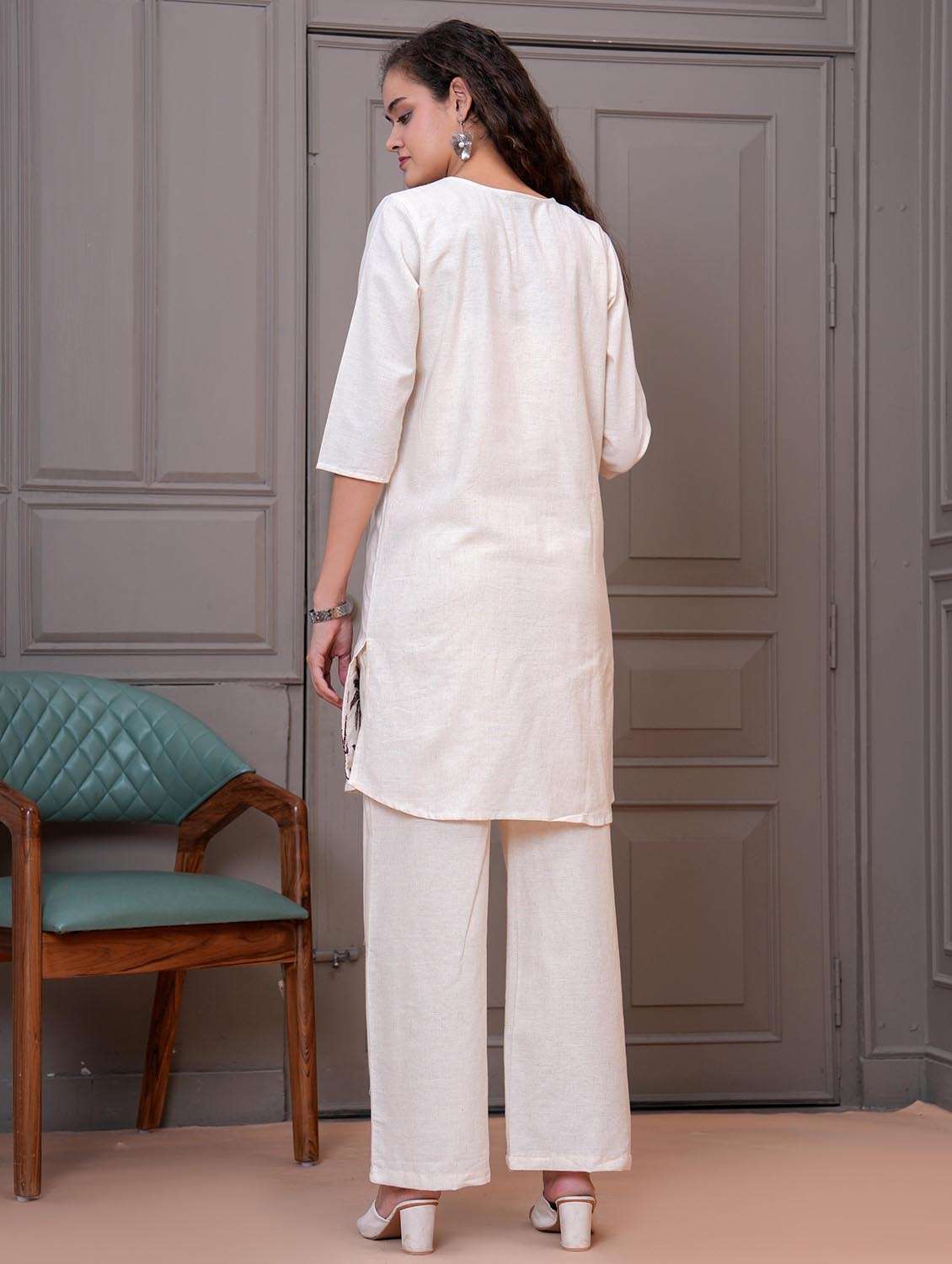 women white embroidered tie-up neck co-ord set - 21986800 - Standard Image - 3