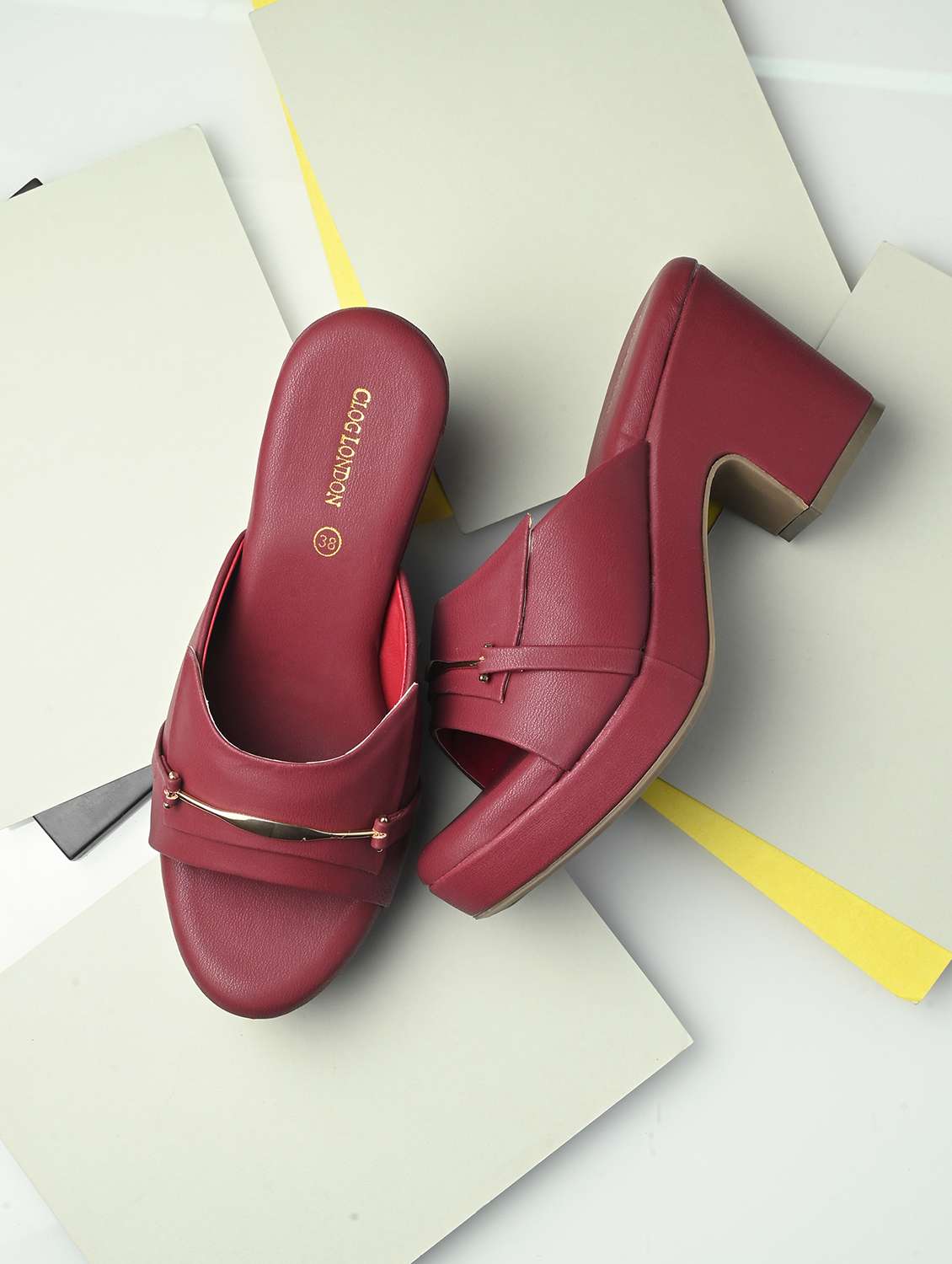 women maroon slip on block heels