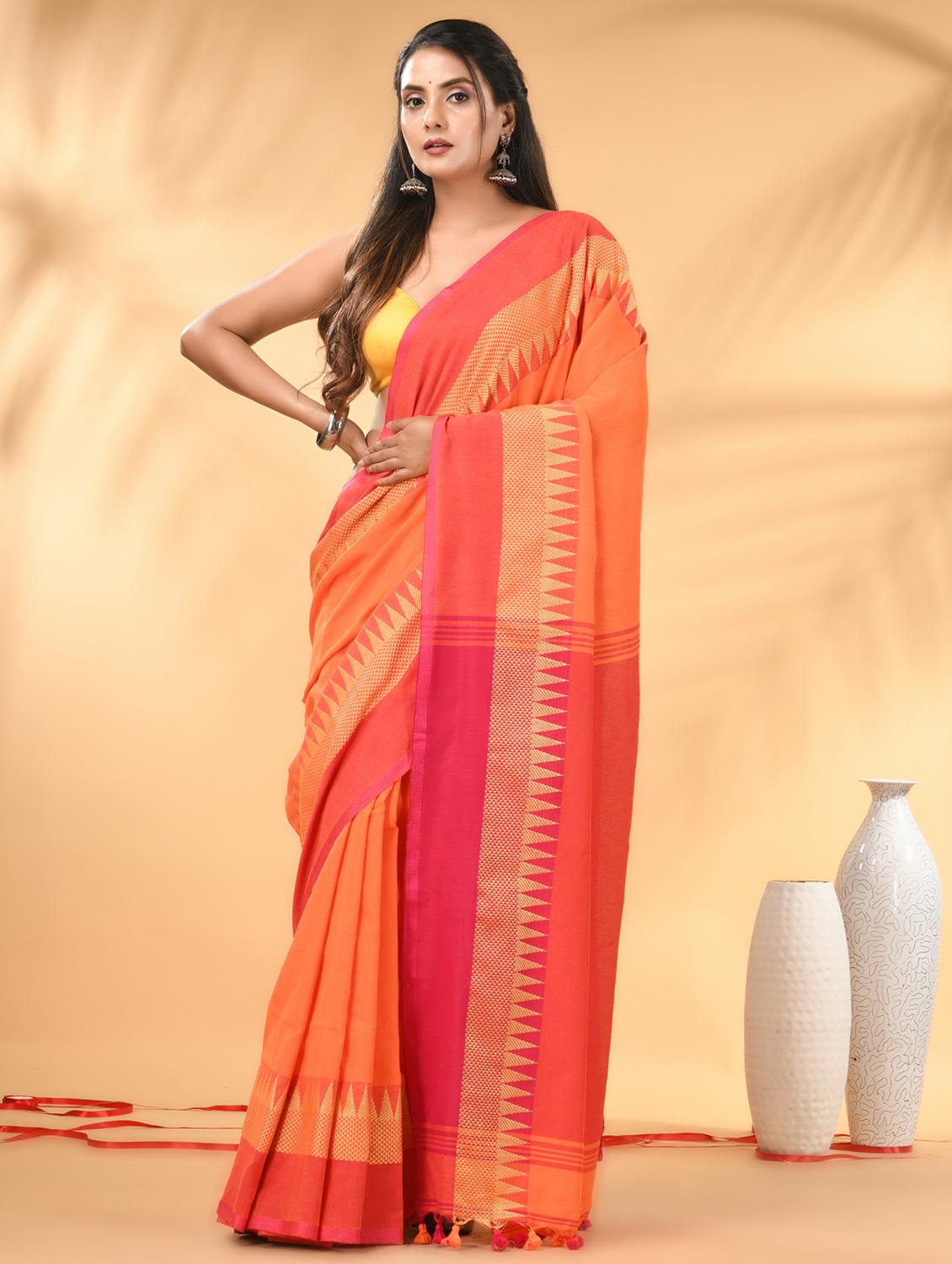 women solid with bordered handloom saree with blouse - 21986963 -  Zoom Image - 0