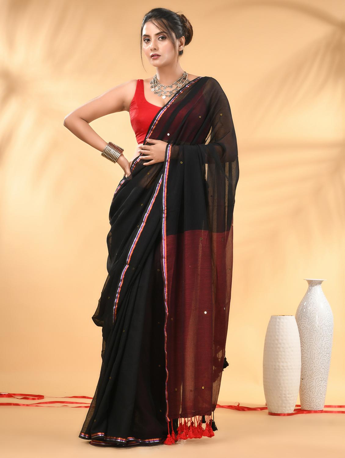 women black handloom saree with blouse - 21986990 -  Zoom Image - 0