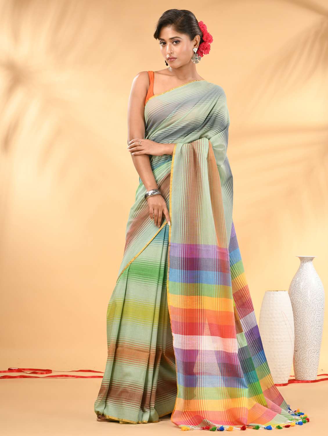 women striped handloom saree