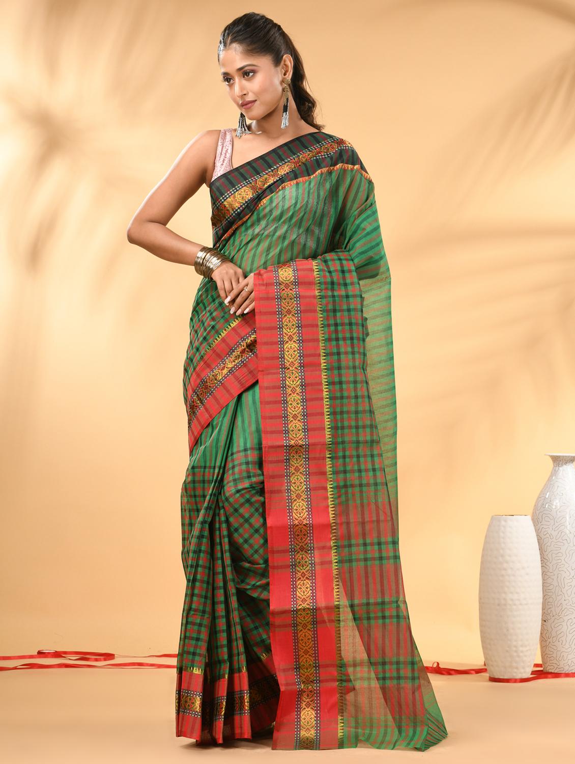 women checkered tant saree - 21987028 -  Zoom Image - 0