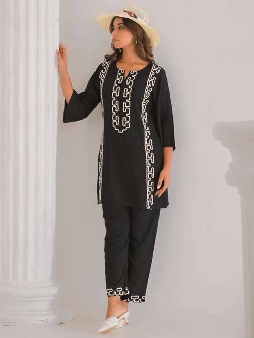 women solid with work three quarter sleeve ethnic co-ord set - 21987049 -  Standard Image - 0
