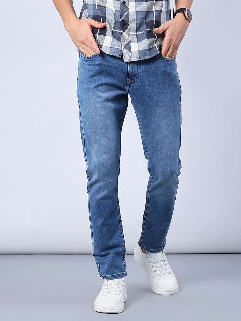 men washed mid rise full length jeans