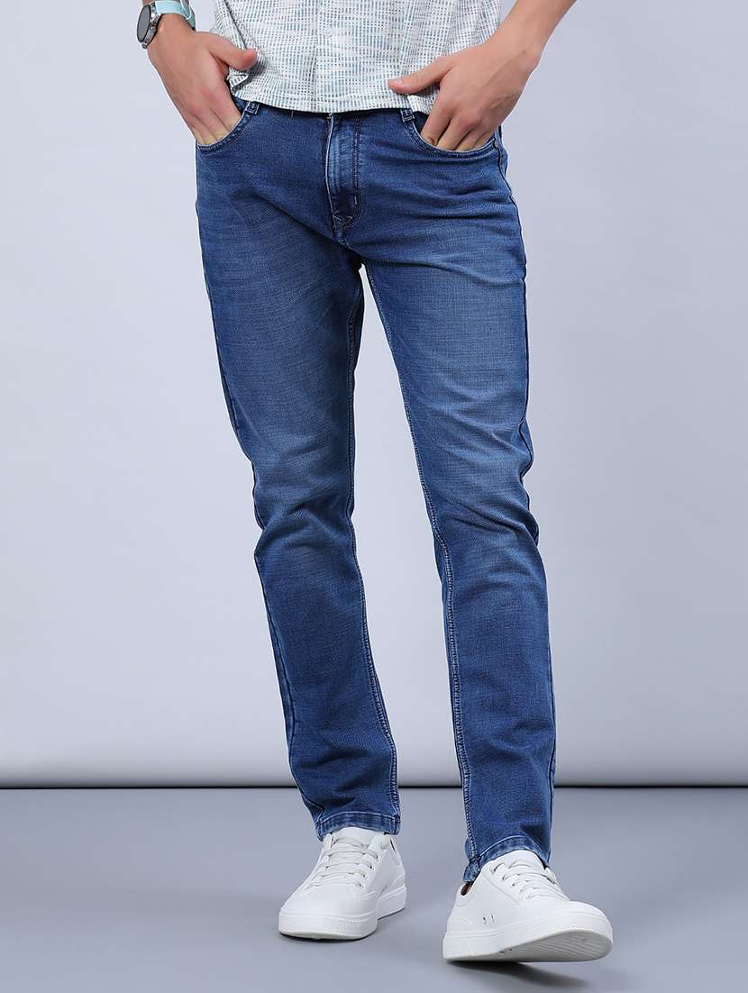 men washed mid rise full length jeans