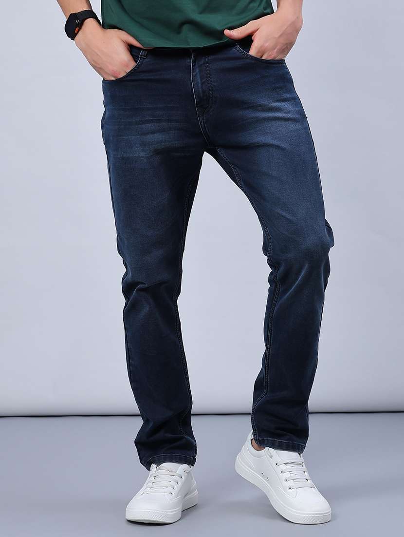 men washed mid rise full length jeans