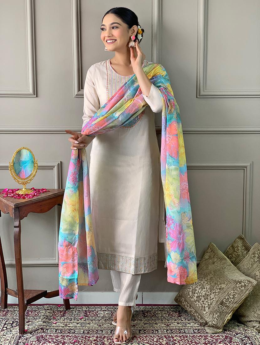women three quarter sleeve kurta pant with dupatta set