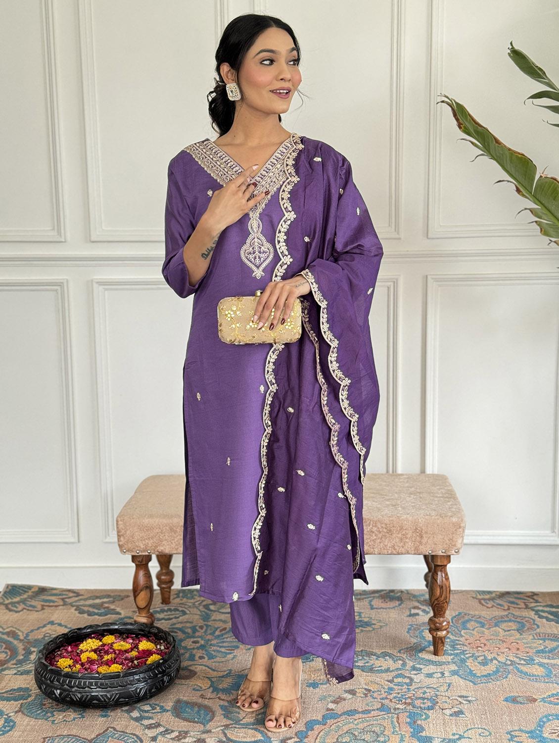 women three quarter sleeve kurta pant with dupatta set - 21987341 - Zoom Image - 0