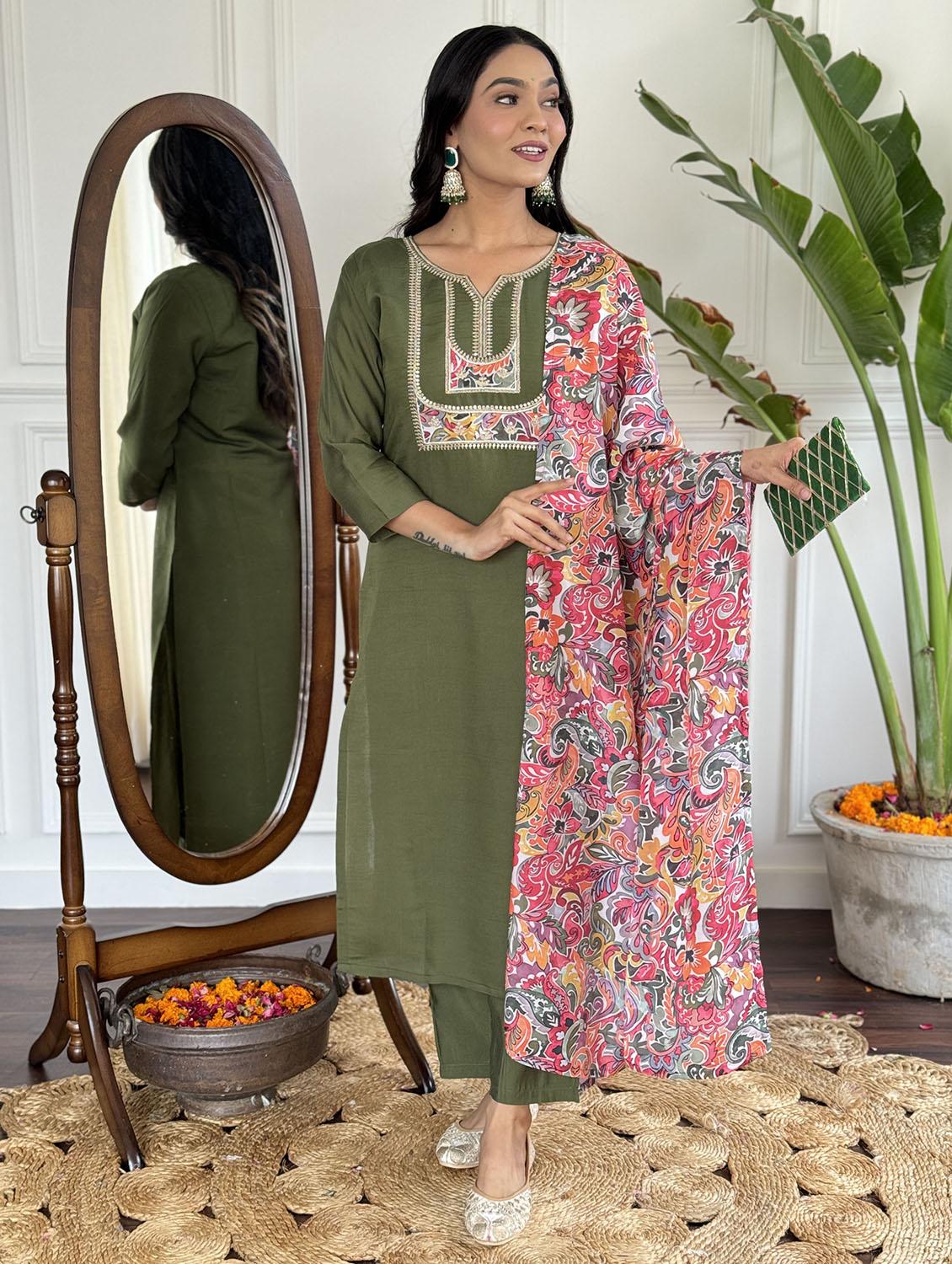 women three quarter sleeve kurta pant with dupatta set - 21987342 - Zoom Image - 0
