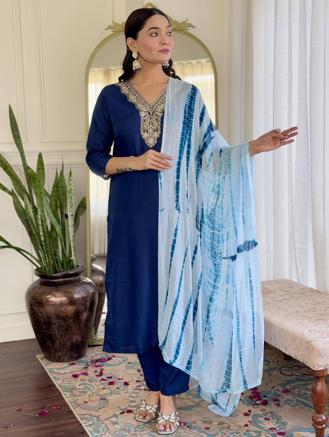women three quarter sleeve kurta pant with dupatta set