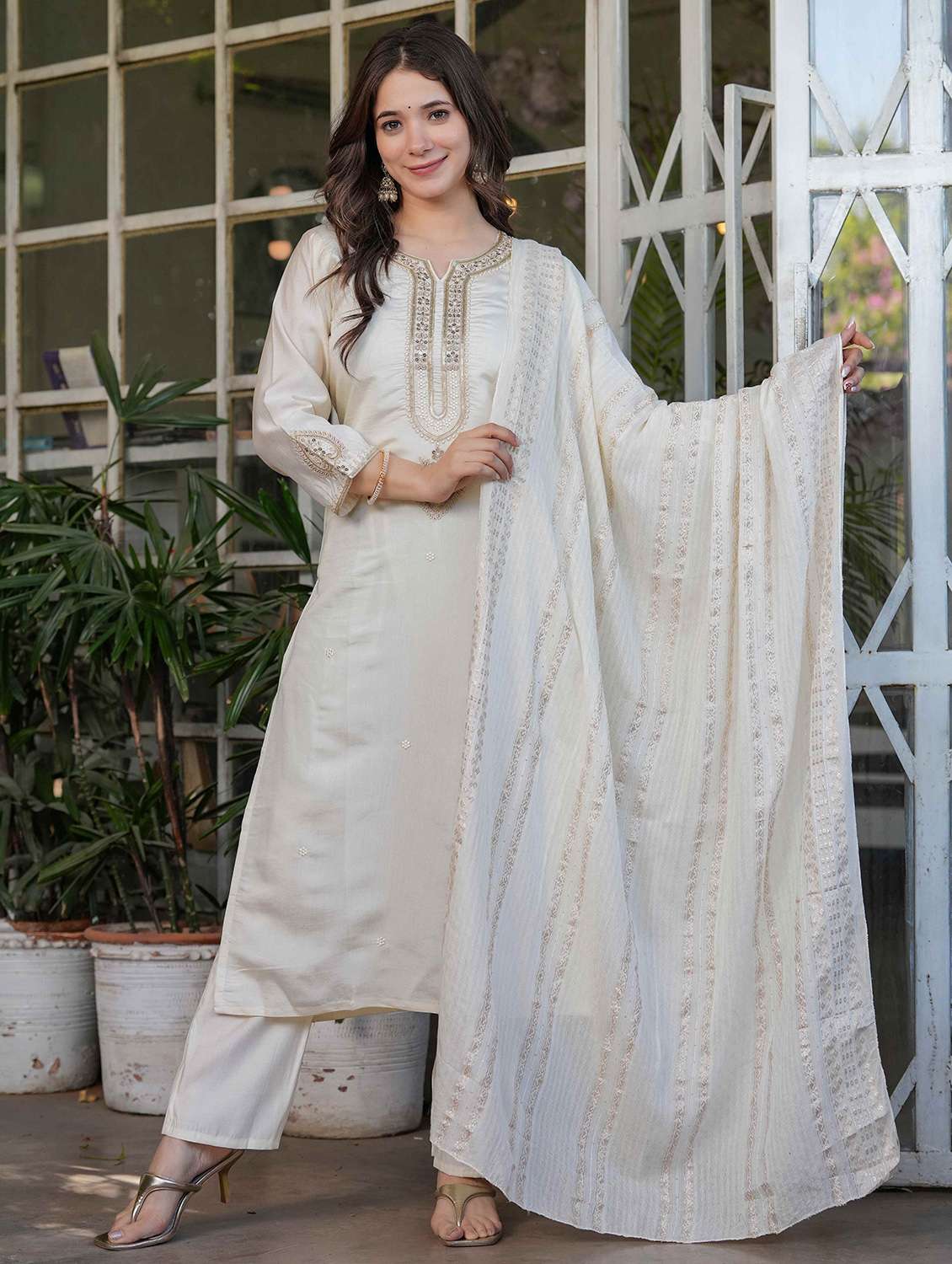 women three quarter sleeve kurta pant with dupatta set