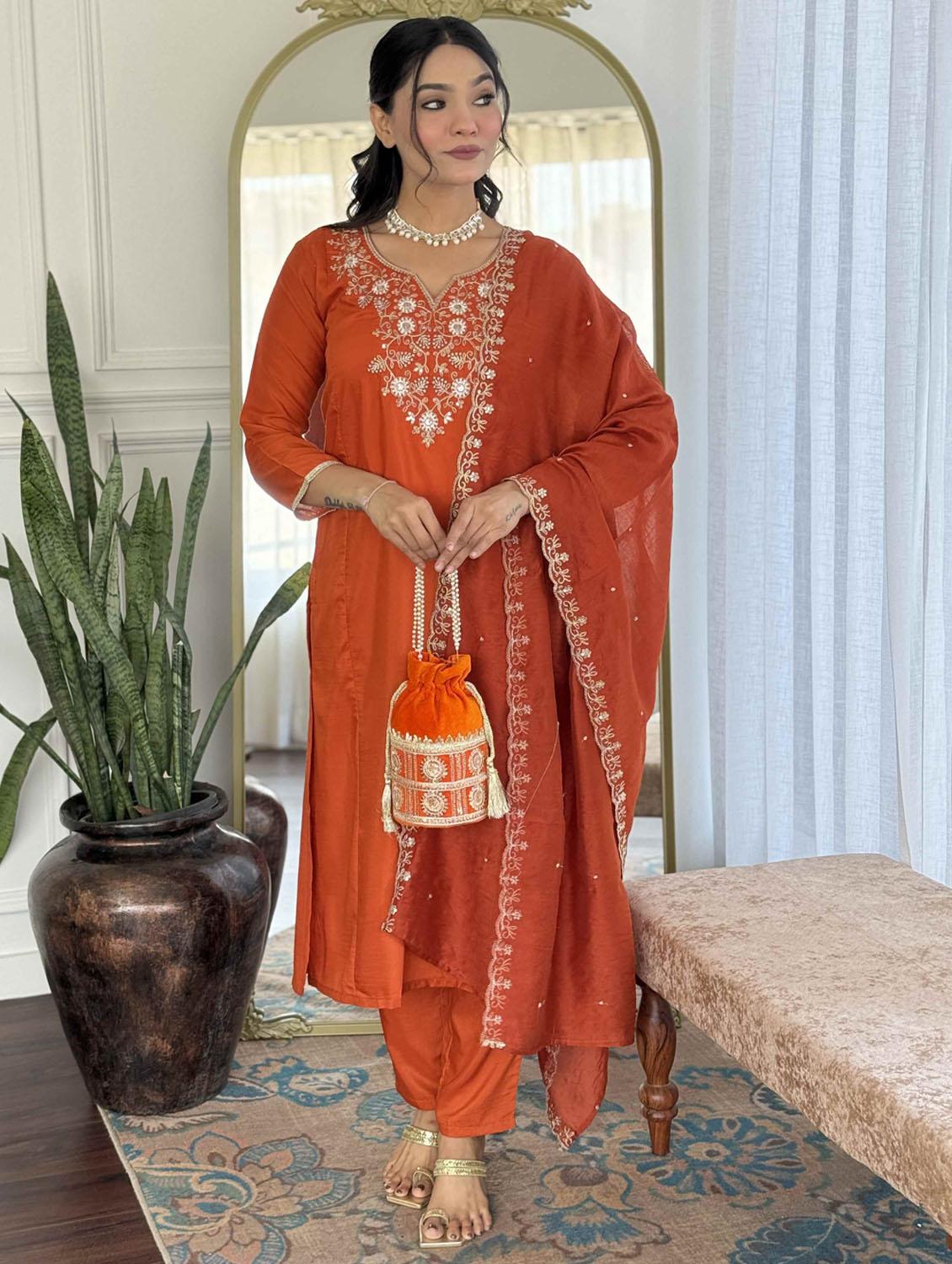 women three quarter sleeve kurta pant with dupatta set
