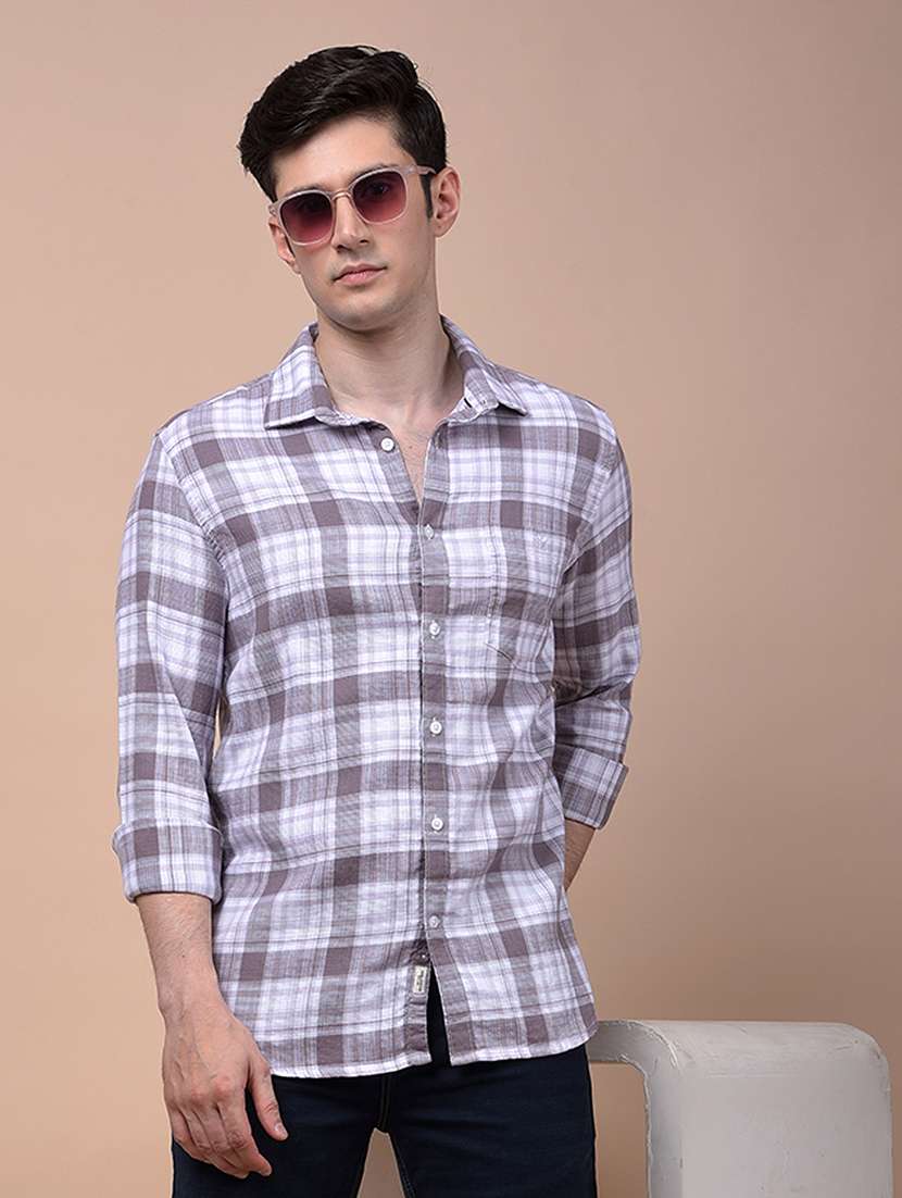 men checkered long sleeve slim fit casual shirt