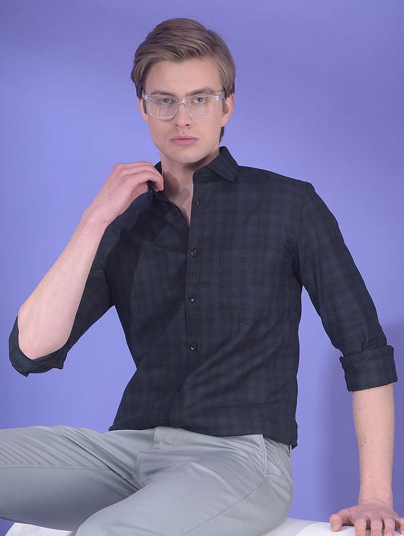 men checkered long sleeve slim fit casual shirt