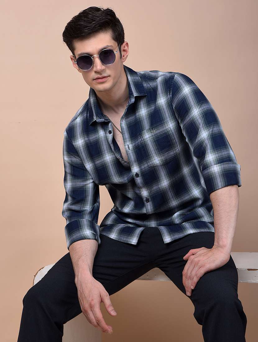 men checkered long sleeve slim fit casual shirt