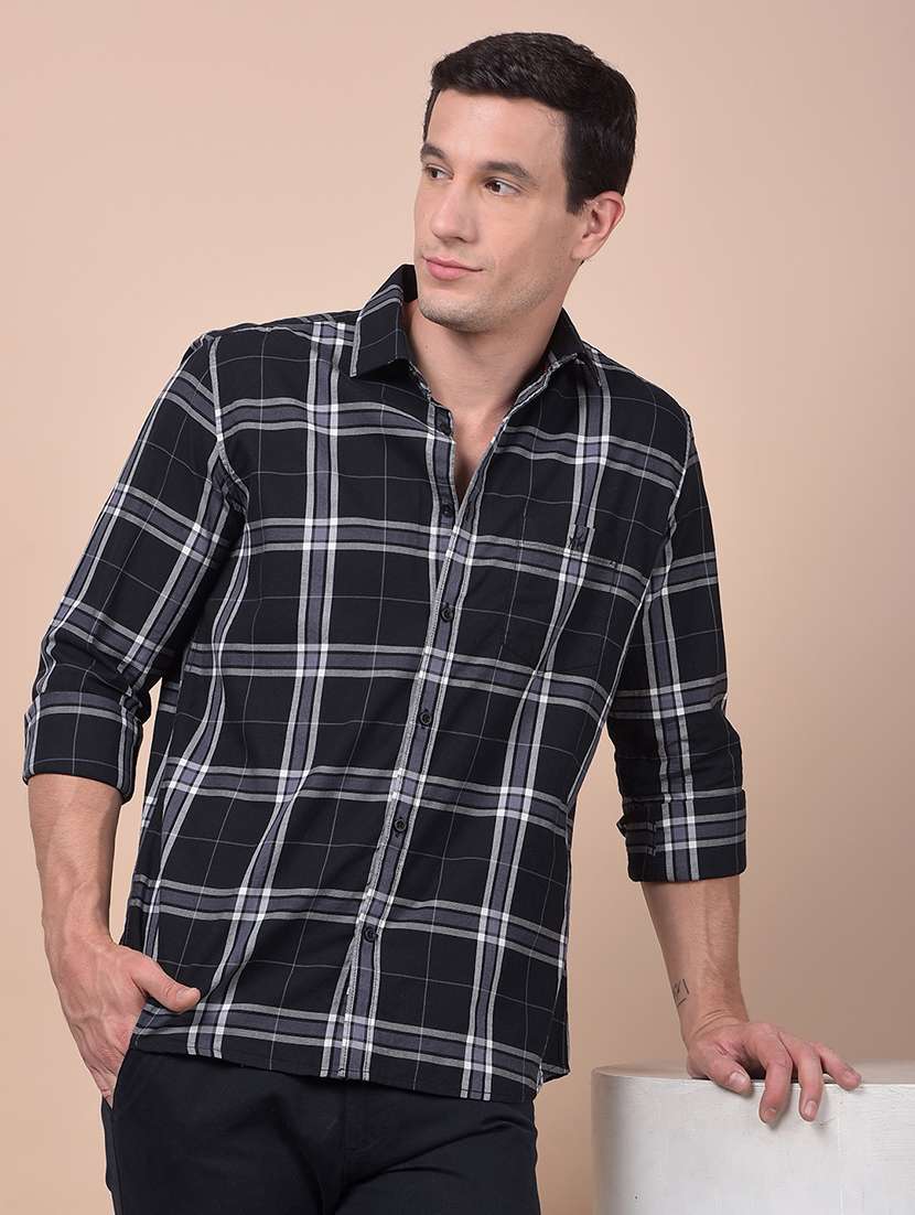 men checkered long sleeve slim fit casual shirt