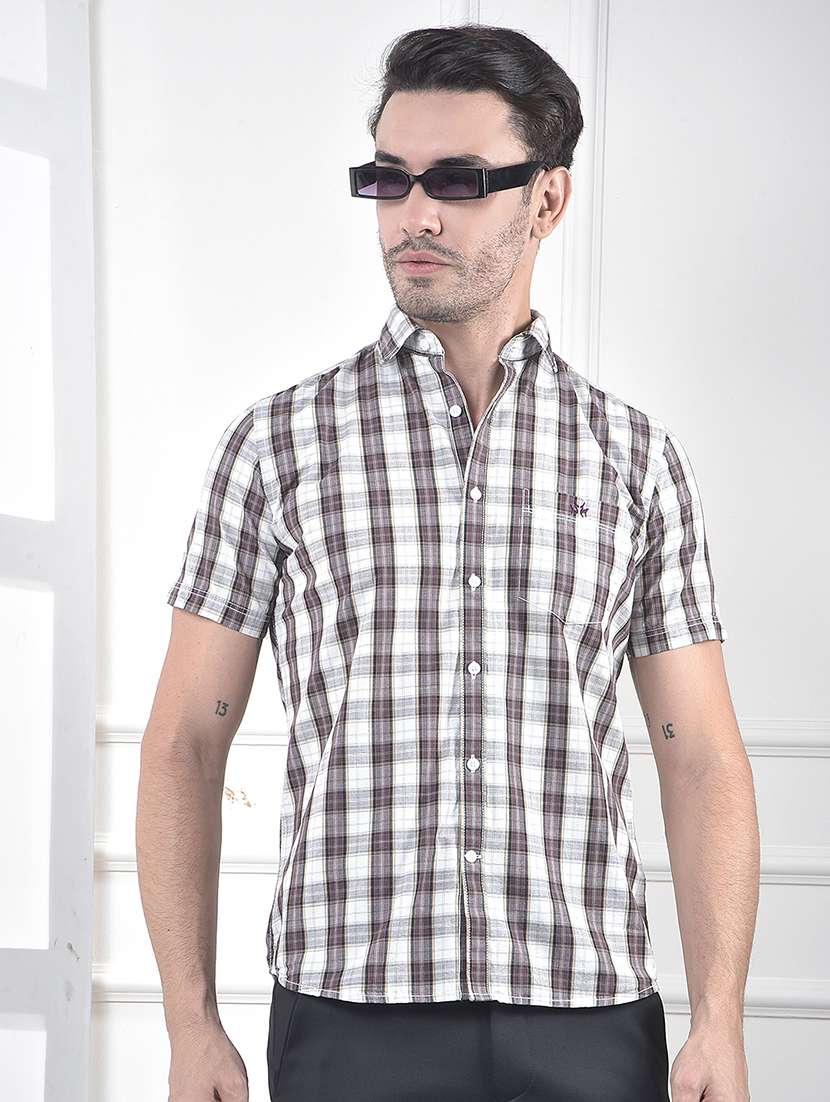 men checkered short sleeve slim fit casual shirt