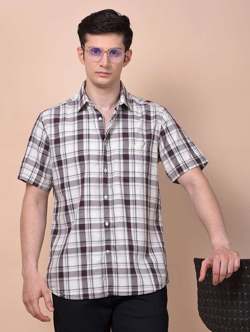 men checkered short sleeve slim fit casual shirt