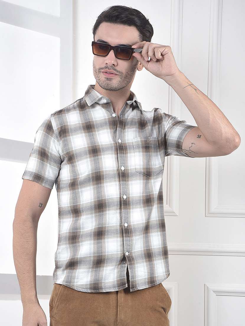 men checkered short sleeve slim fit casual shirt