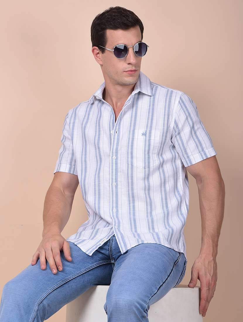 men striped short sleeve slim fit casual shirt