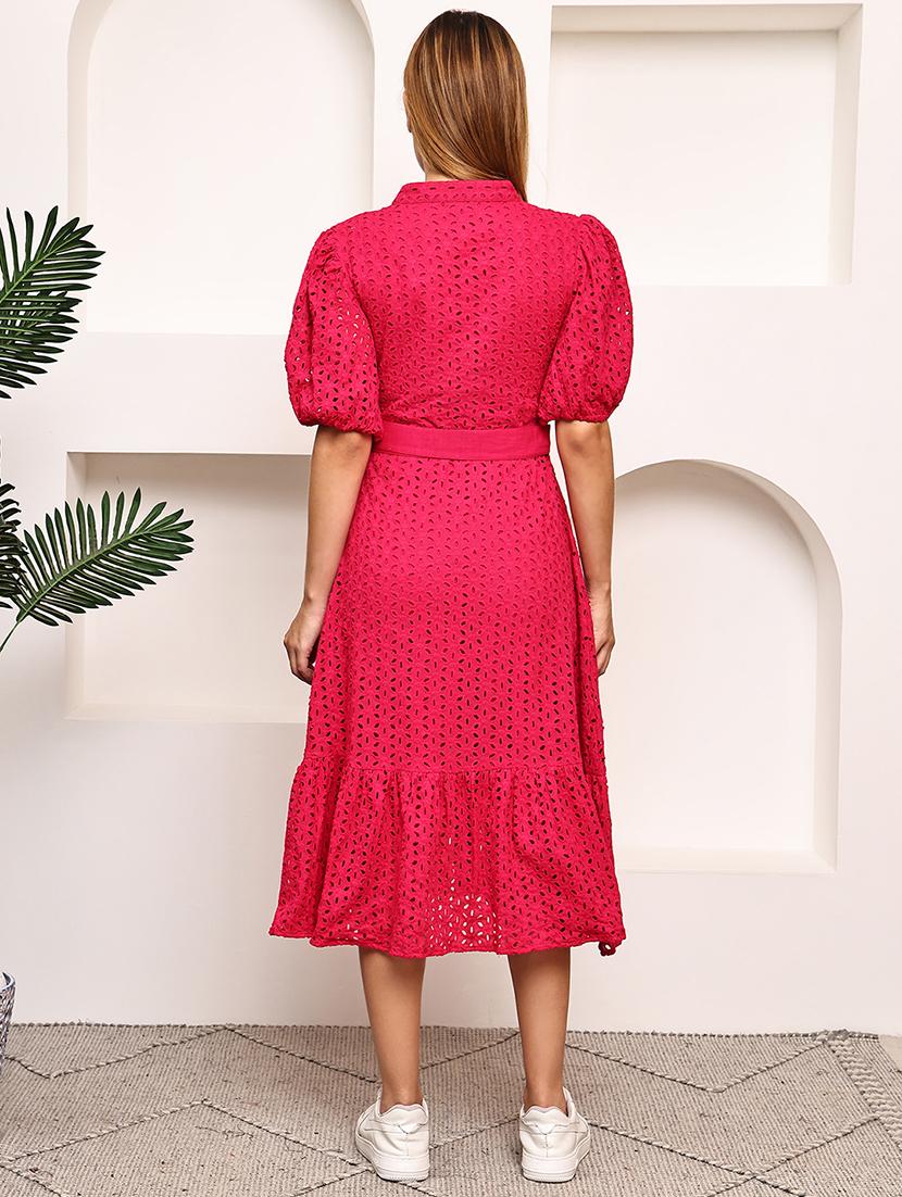 women pink puff sleeve schiffli tiered dress - 21987627 - Standard Image - 3
