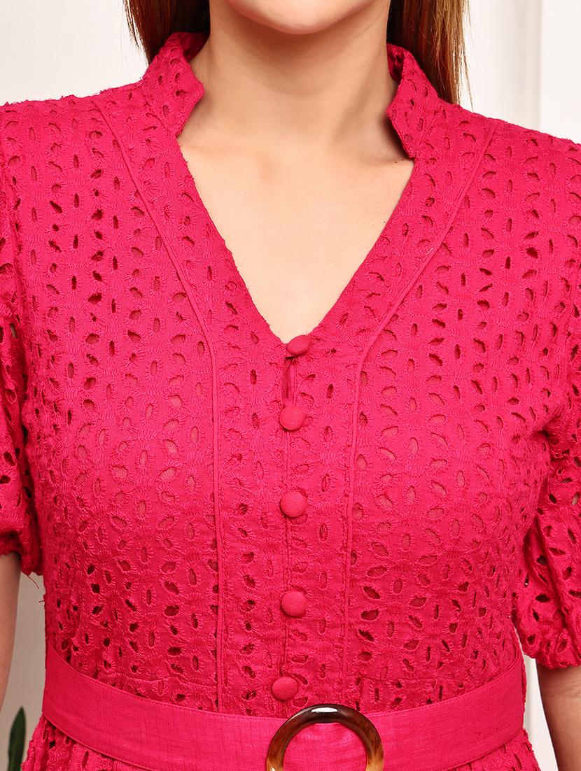 women pink puff sleeve schiffli tiered dress - 21987627 - Standard Image - 5