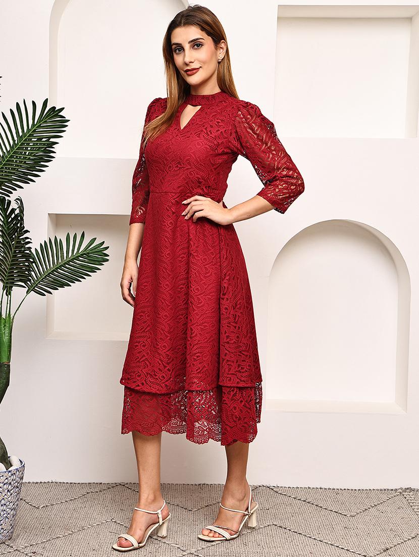 women maroon puff sleeve lace layered dress - 21987629 - Standard Image - 3