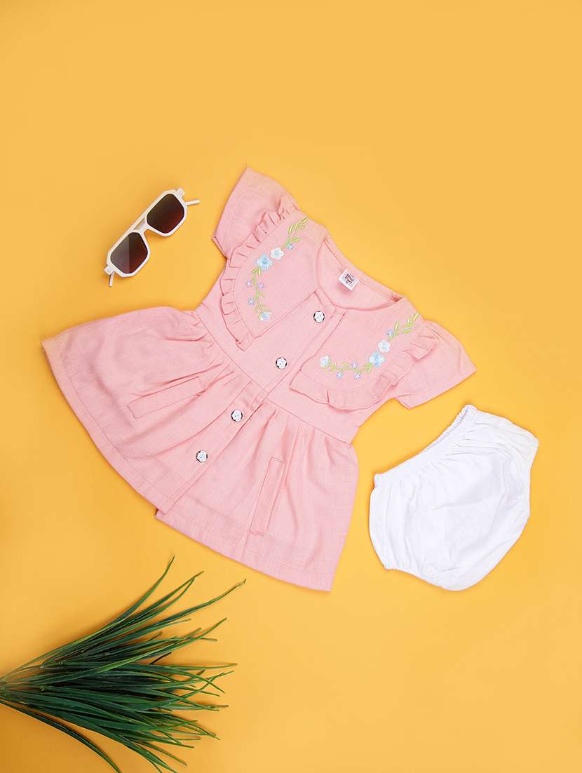 girls printed round neck frock with bloomer