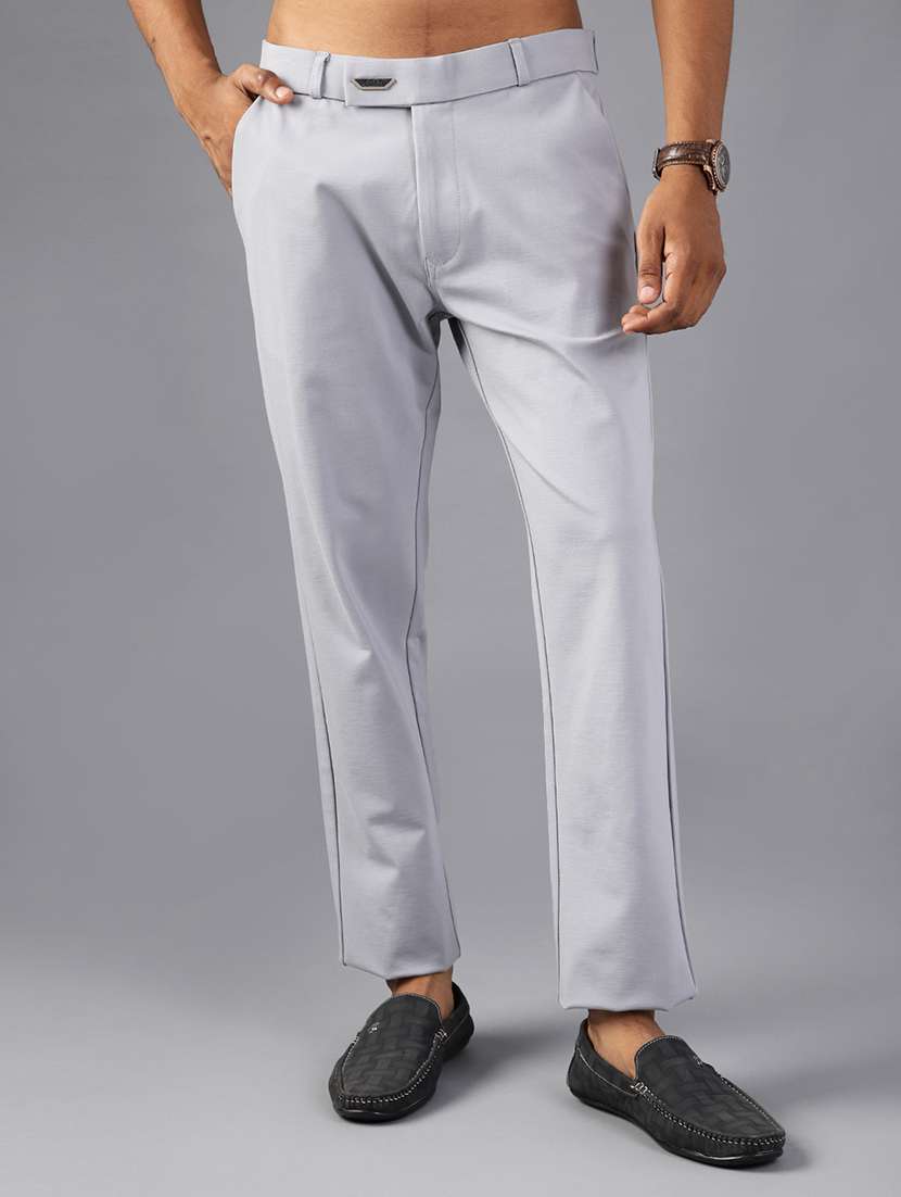men solid mid rise flat front casual trouser