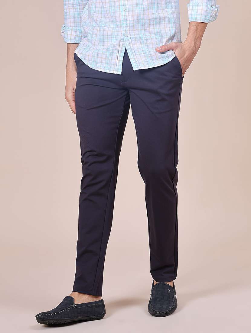 men solid mid rise flat front casual trouser