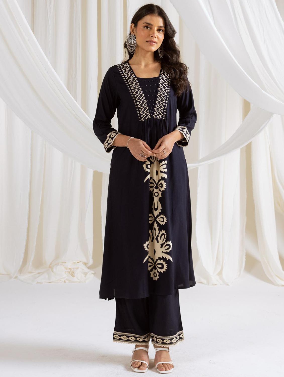 women printed three quarter sleeve kurta pant set - 21987914 - Zoom Image - 0