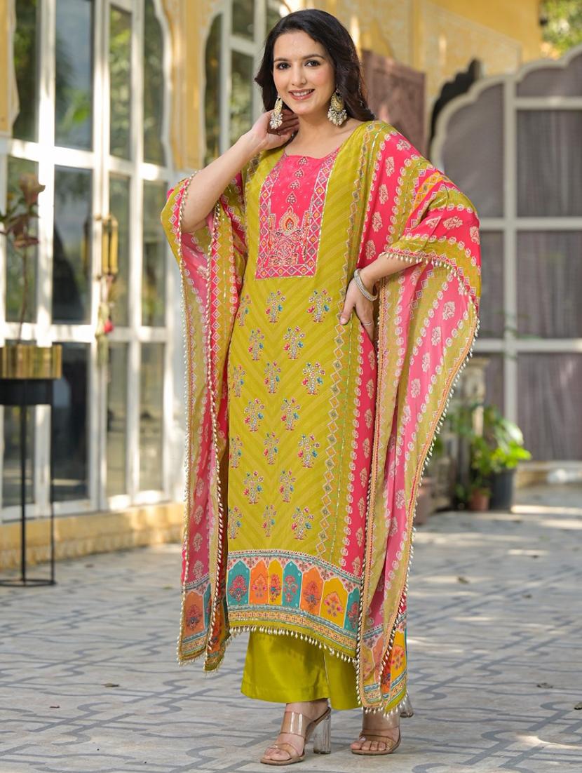 women printed kimono sleeve kaftan kurta pant set