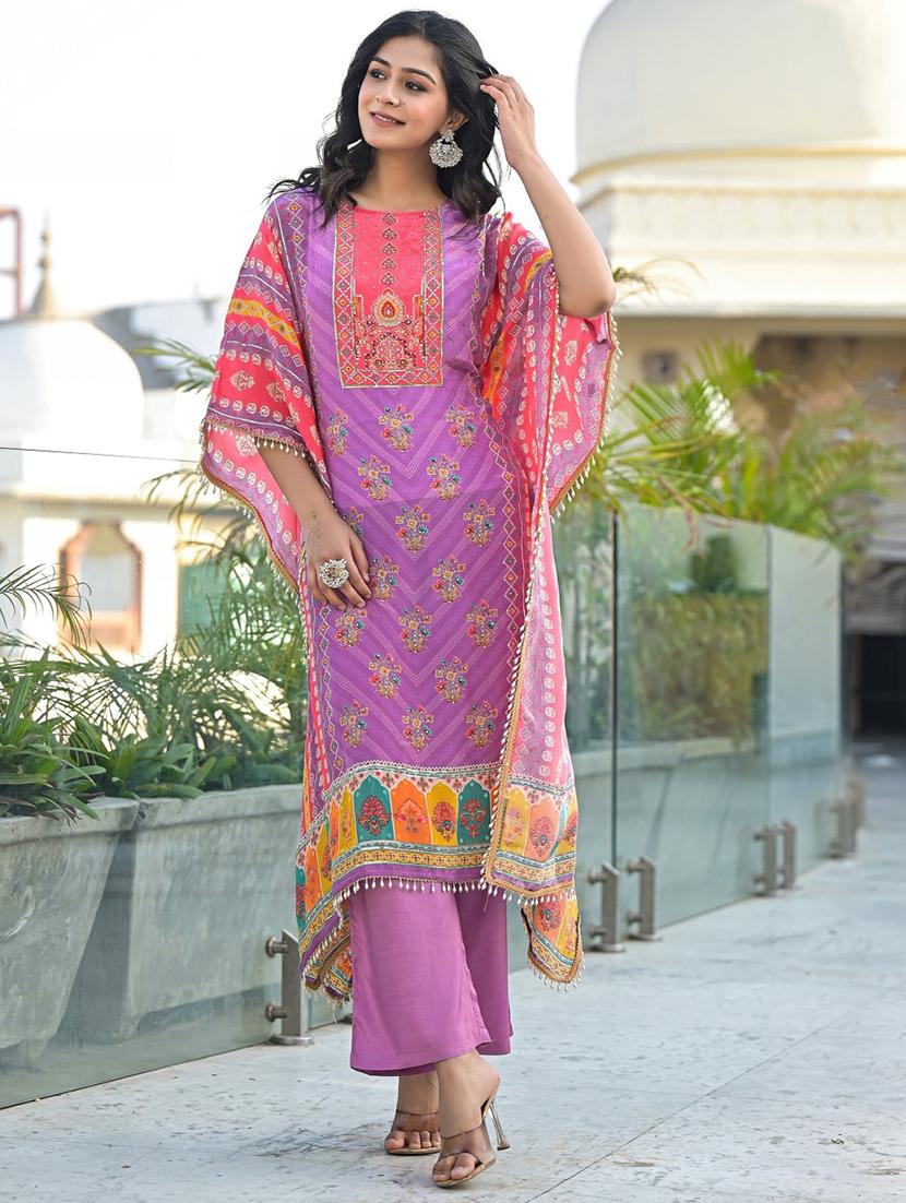 women printed kimono sleeve kaftan kurta pant set - 21987925 - Zoom Image - 0
